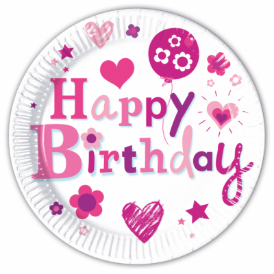 8 stk Pap tallerkener Happy Birthday Pink 23 cm diameter